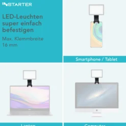 Instarter Feder-Klemmhalterung mit 1/4 Zoll Schraubgewinde zur Befestigung von LED-Leuchten, Kamera Blitz Halterung bis max 350g, Adapter, Klemmstativ Blitzschiene, Max. Klemmbreite 16 mm