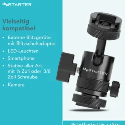 Instarter FlexMount Head Plus Kugelkopf 2-in-1 mit Blitzschuh, Stativkopf für 1/4" und 3/8" Anschluss, 180° schwenkbar zur Winkelanpassung, hochwertiges Kamera Zubehör aus Aluminium