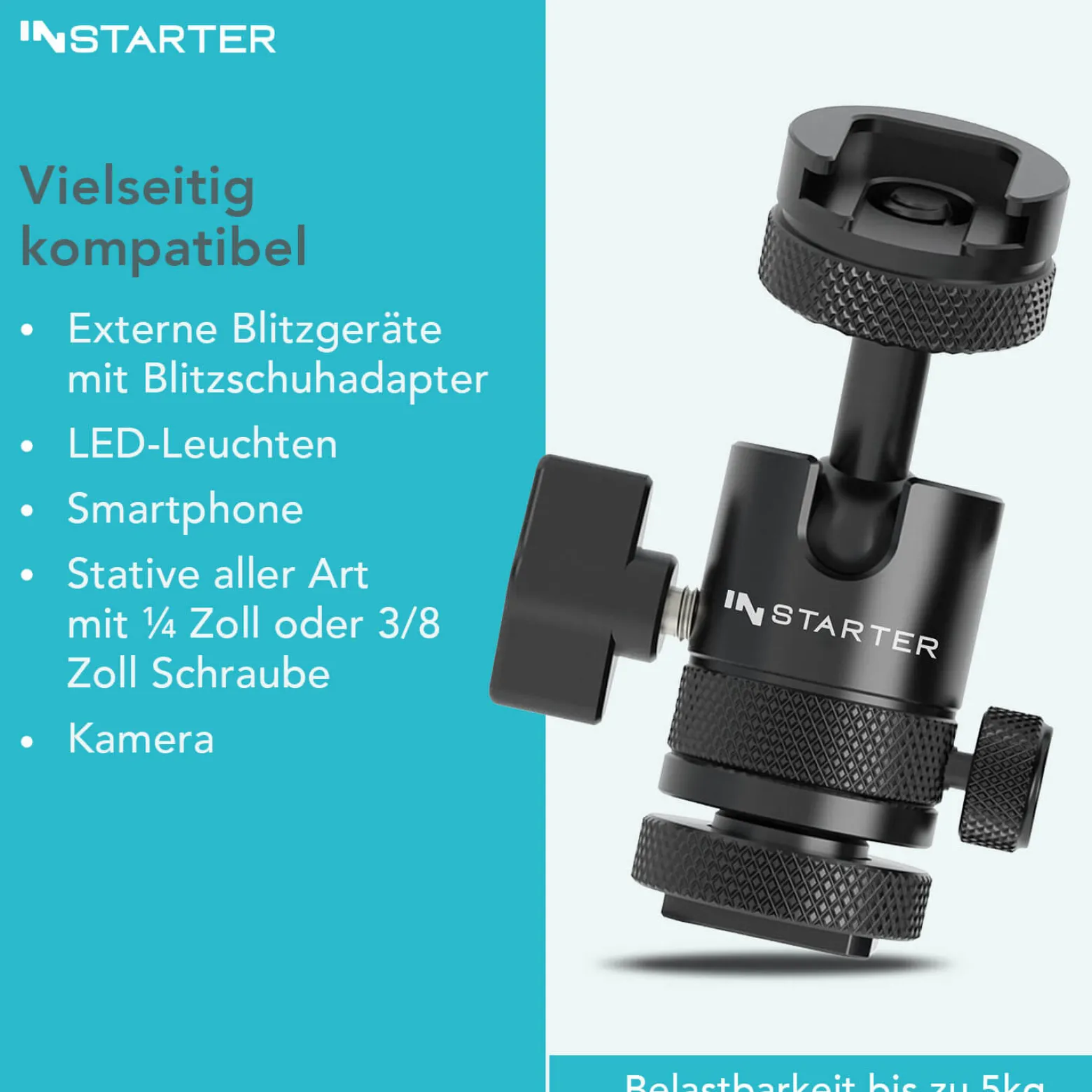 Instarter FlexMount Head Plus Kugelkopf 2-in-1 mit Blitzschuh, Stativkopf für 1/4" und 3/8" Anschluss, 180° schwenkbar zur Winkelanpassung, hochwertiges Kamera Zubehör aus Aluminium