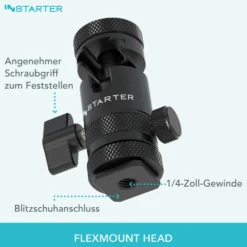 Instarter FlexMount Head Plus Kugelkopf 2-in-1 mit Blitzschuh, Stativkopf für 1/4" und 3/8" Anschluss, 180° schwenkbar zur Winkelanpassung, hochwertiges Kamera Zubehör aus Aluminium
