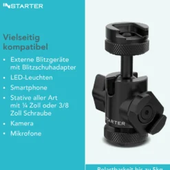 Instarter FlexMount Head Plus Kugelkopf 3-in-1 mit 2x Blitzschuh, Stativkopf für 1/4" und 3/8" Anschluss, 180° schwenkbar zur Winkelanpassung, hochwertiges Kamera Zubehör aus Aluminium