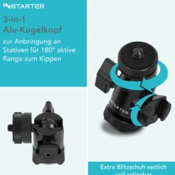 Instarter FlexMount Head Plus Kugelkopf 3-in-1 mit 2x Blitzschuh, Stativkopf für 1/4" und 3/8" Anschluss, 180° schwenkbar zur Winkelanpassung, hochwertiges Kamera Zubehör aus Aluminium