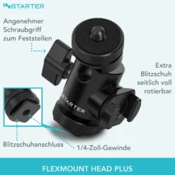 Instarter FlexMount Head Plus Kugelkopf 3-in-1 mit 2x Blitzschuh, Stativkopf für 1/4