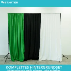 Instarter Hintergrundsystem 155-305 cm breit, Fotohintergrund in Grün, Schwarz und Weiß, Klemmen für Fotografie & Green Screen, Hintergrundständer für Hintergründe aus Papier & Stoff