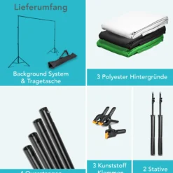 Instarter Hintergrundsystem 155-305 cm breit, Fotohintergrund in Grün, Schwarz und Weiß, Klemmen für Fotografie & Green Screen, Hintergrundständer für Hintergründe aus Papier & Stoff