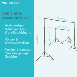 Instarter Hintergrundsystem 155-305 cm breit, Fotohintergrund in Grün, Schwarz und Weiß, Klemmen für Fotografie & Green Screen, Hintergrundständer für Hintergründe aus Papier & Stoff