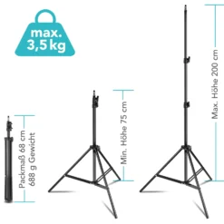 Instarter LampPod 200 Lampenstativ 68-200 cm für LED Panels, Leuchten & Studioblitze, Lichtstativ belastbar bis 3,5 kg, Blitzstativ mit 5/8“ Spigot Anschluss & 1/4“ Gewinde
