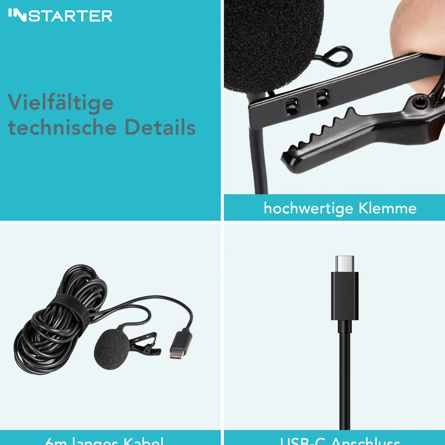 Instarter Lavalier Loop Clip Ansteckmikrofon - 360 Grad Klangaufnahme - mit USB-C Anschluss, 6 m Kabel, Windschutz, Tasche, Klemme - klarer Sound - für Kamera, Smartphone, Tablet, PC