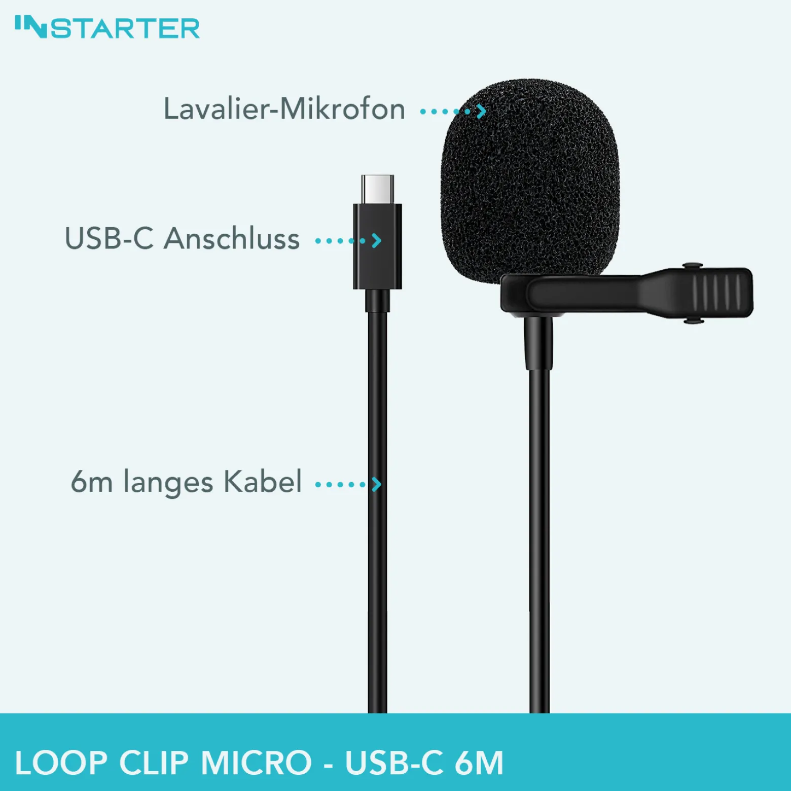 Instarter Lavalier Loop Clip Ansteckmikrofon - 360 Grad Klangaufnahme - mit USB-C Anschluss, 6 m Kabel, Windschutz, Tasche, Klemme - klarer Sound - für Kamera, Smartphone, Tablet, PC