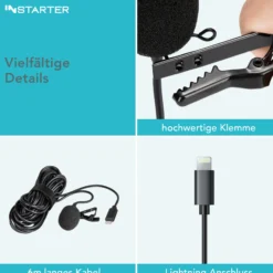 Instarter Lavalier Loop Clip Ansteckmikrofon - 360 Grad Klangaufnahme - mit Lightninganschluss, 6 m Kabel, Windschutz, Tasche, Klemme - klarer Sound - für Kamera, Smartphone, Tablet, PC