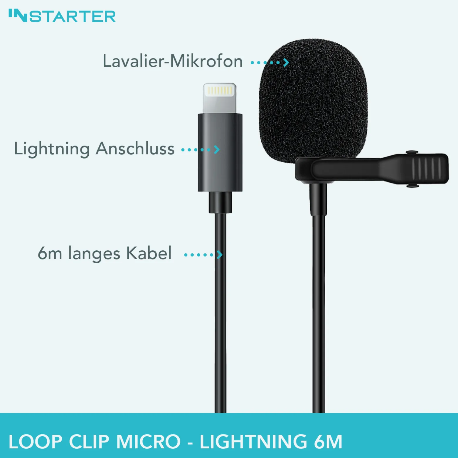 Instarter Lavalier Loop Clip Ansteckmikrofon - 360 Grad Klangaufnahme - mit Lightninganschluss, 6 m Kabel, Windschutz, Tasche, Klemme - klarer Sound - für Kamera, Smartphone, Tablet, PC