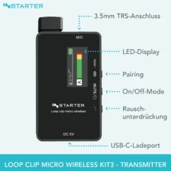 Instarter Lavalier Wireless System Kit 3 - Kabellos für Handy, Tablet, PC - eingebautes Funkmikrofon, 2 Sender, 1 Empfänger, 50 m Reichweite - mit USB-C und 3,5 mm Anschluss