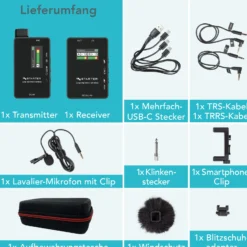 Instarter Lavalier Wireless System Kit 2 - Kabellos für Handy, Tablet, PC - eingebautes Funkmikrofon, 1 Sender, 1 Empfänger, 50 m Reichweite - mit USB-C und 3,5 mm Anschluss