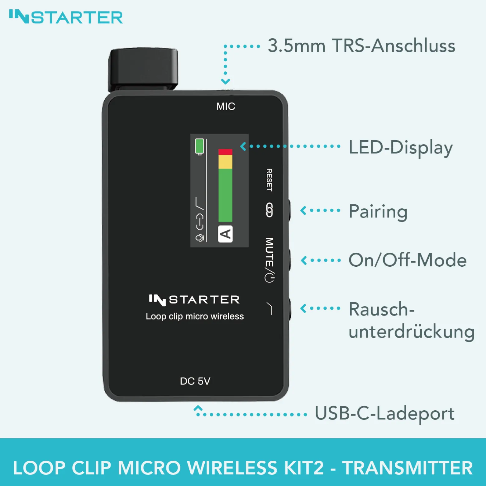 Instarter Lavalier Wireless System Kit 2 - Kabellos für Handy, Tablet, PC - eingebautes Funkmikrofon, 1 Sender, 1 Empfänger, 50 m Reichweite - mit USB-C und 3,5 mm Anschluss