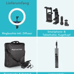 Instarter LED Ringlicht mit Stativ, Ringleuchte 180° schwenkbar, Videoleuchte 60 W mit Bi-Color, flexible Kamera Beleuchtung dimmbar