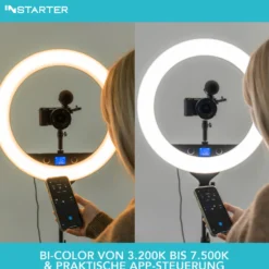 Instarter LED Ringlicht mit Stativ, Ringleuchte 180° schwenkbar, Videoleuchte 60 W mit Bi-Color, flexible Kamera Beleuchtung dimmbar