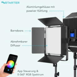Instarter LED Videoleuchte 60 W mit Lampenstativ, Videolicht mit 360° RGB-Spektrum, Studioleuchte mit App-Steuerung, Video-Beleuchtung Bi-Color
