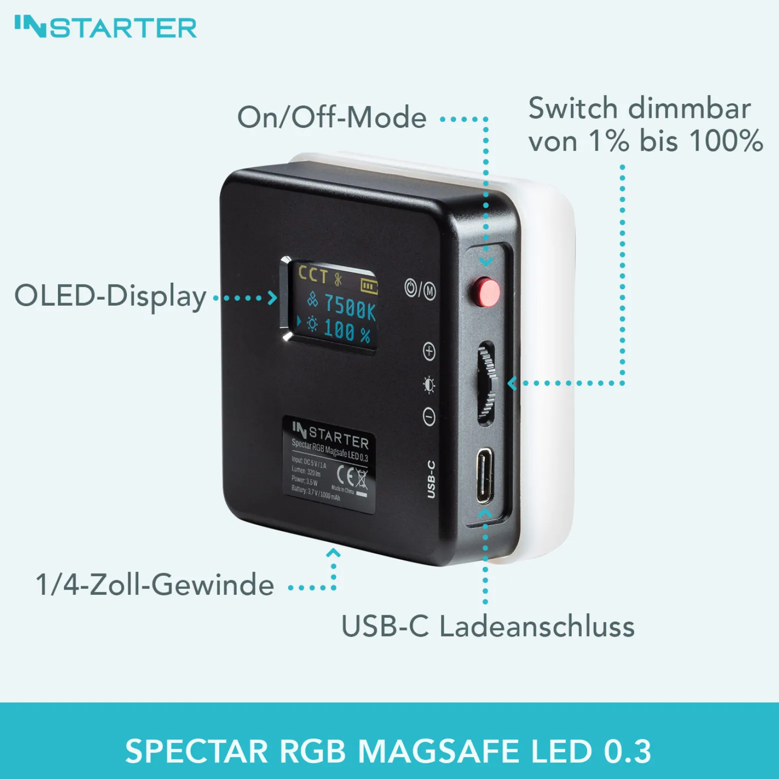 Instarter Mini LED Videoleuchte, magnetische Studioleuchte Magsafe-kompatibel, Kamera Beleuchtung 360° RGB, dimmbares Videolicht