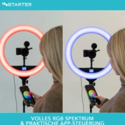 Instarter RGB LED Ringlicht mit Stativ, Ringleuchte 180° schwenkbar, Videoleuchte 60 W mit 360° Kugelkopf, flexible Kamera Beleuchtung dimmbar