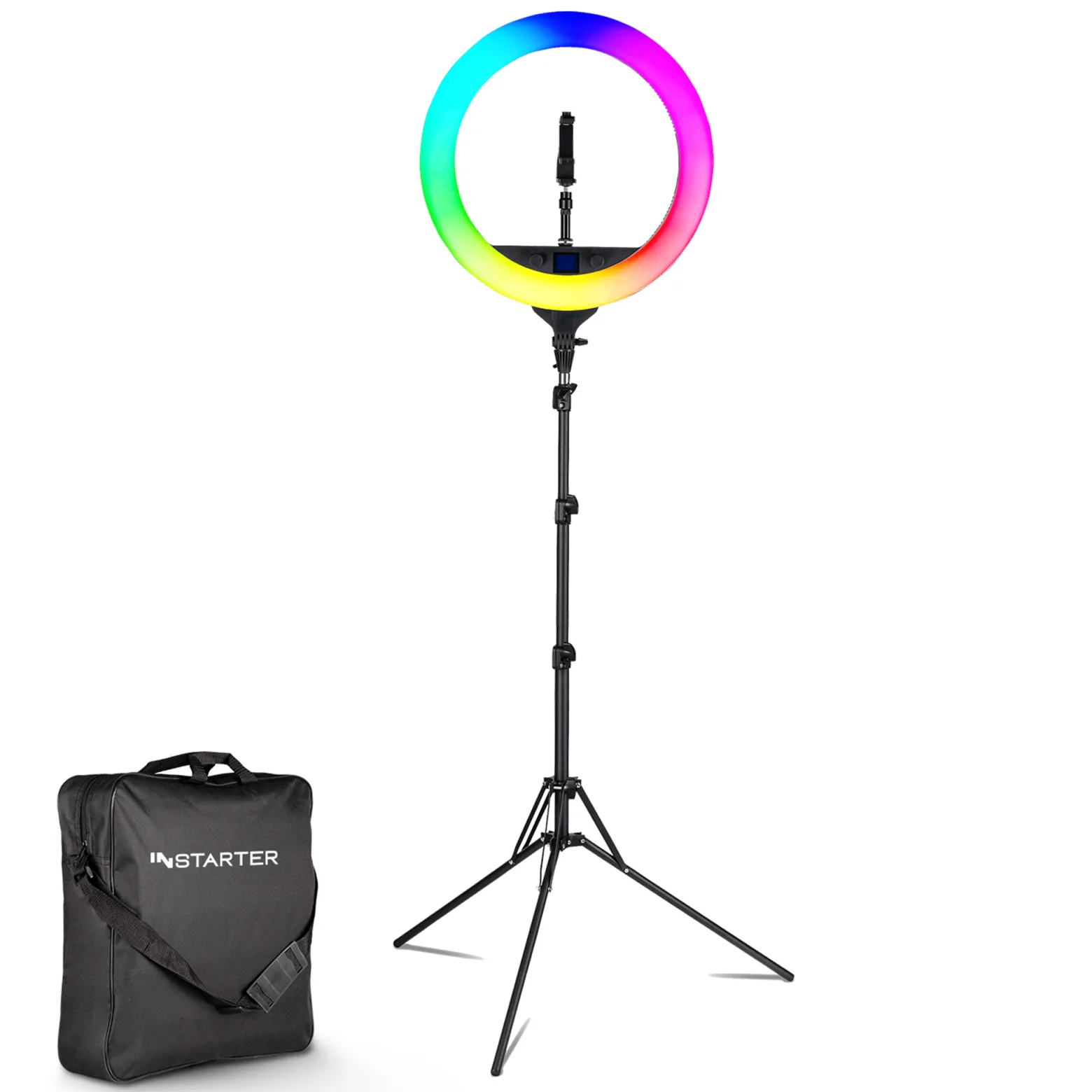 Instarter RGB LED Ringlicht mit Stativ, Ringleuchte 180° schwenkbar, Videoleuchte 60 W mit 360° Kugelkopf, flexible Kamera Beleuchtung dimmbar