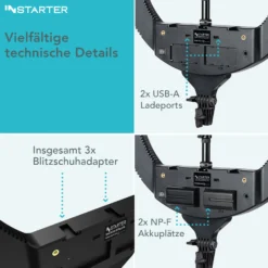 Instarter RGB LED Ringlicht mit Stativ, Ringleuchte 180° schwenkbar, Videoleuchte 60 W mit 360° Kugelkopf, flexible Kamera Beleuchtung dimmbar