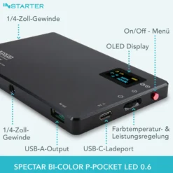 Instarter Spectar LED Videoleuchte, Kamera Beleuchtung mit Bi-Color im Pocket-Format, 9 W Videolicht mit Diffusor, Studiolicht mit Powerbank-Funktion