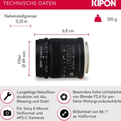 Kipon Iberit 24 mm F2,4 Objektiv für Sony E, Kameraobjektiv für spiegellose Systemkameras, Vollformat, APS-C-Sensoren, hohe Lichtstärke, perfektes Kamerazubehör