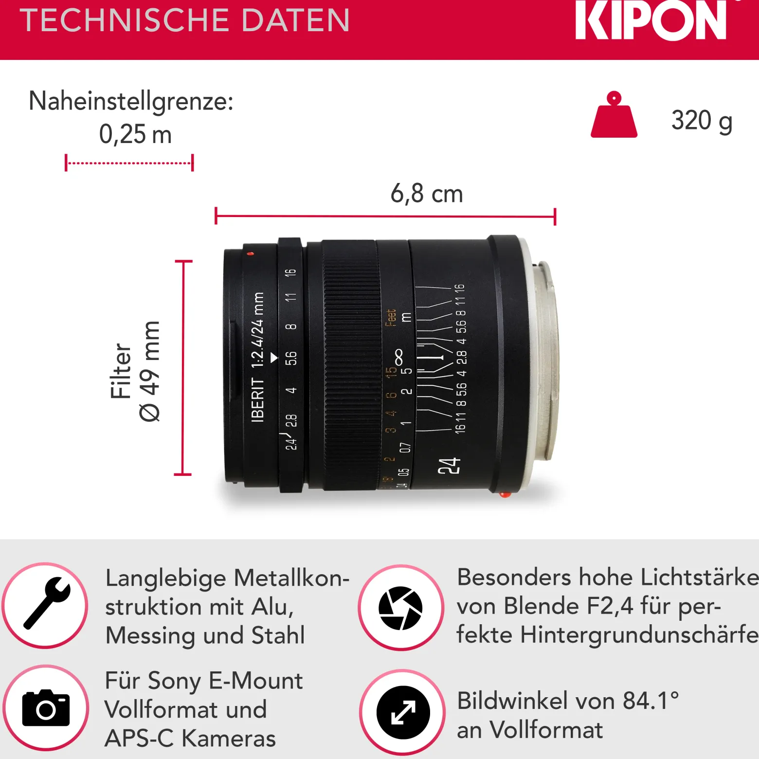 Kipon Iberit 24 mm F2,4 Objektiv für Sony E, Kameraobjektiv für spiegellose Systemkameras, Vollformat, APS-C-Sensoren, hohe Lichtstärke, perfektes Kamerazubehör