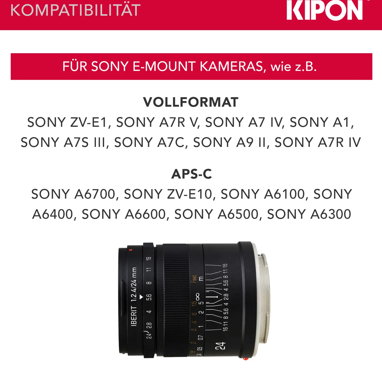 Kipon Iberit 24 mm F2,4 Objektiv für Sony E, Kameraobjektiv für spiegellose Systemkameras, Vollformat, APS-C-Sensoren, hohe Lichtstärke, perfektes Kamerazubehör