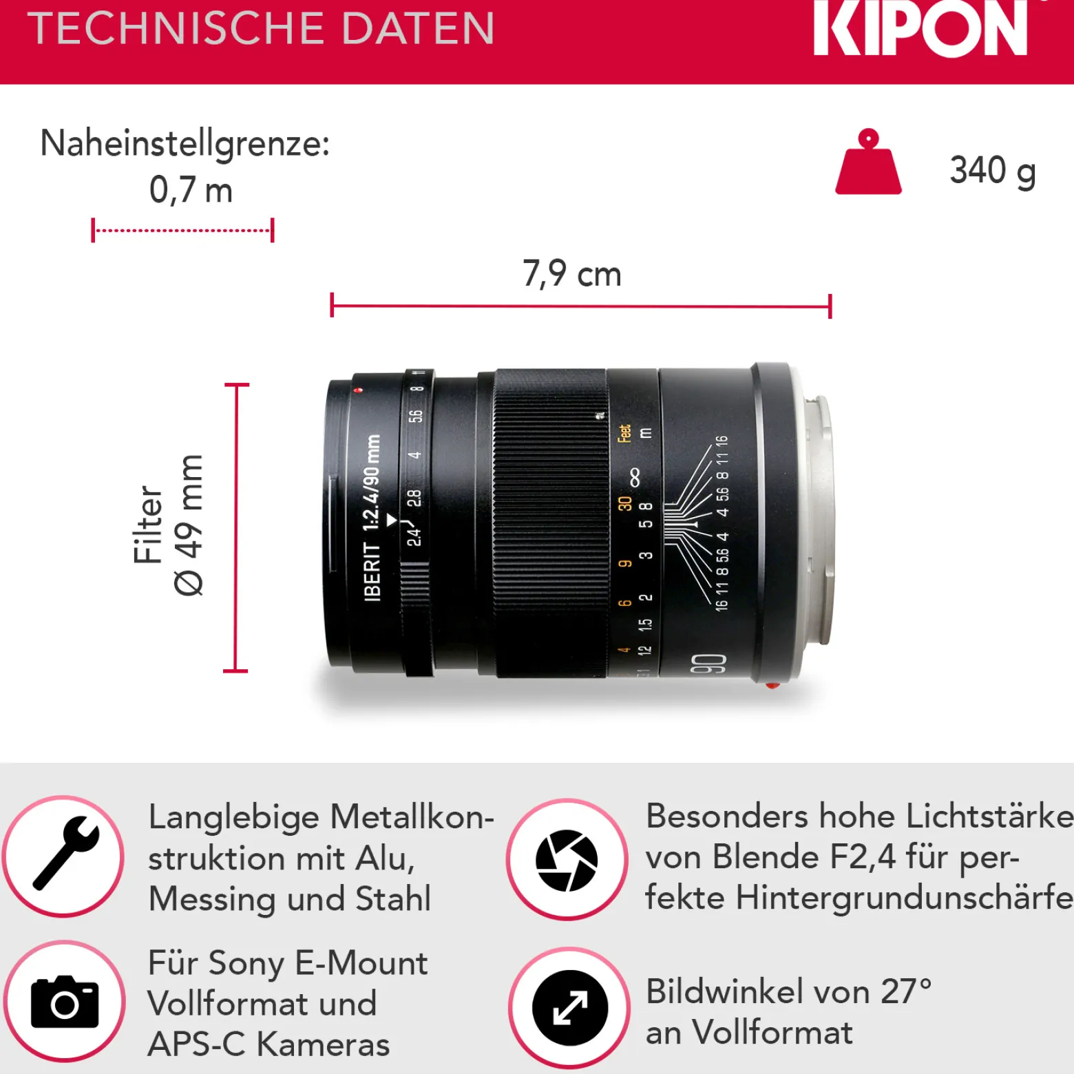 Kipon Iberit 90mm F2,4 Vollformat Objektiv – kompatibel mit Sony E – Fotoobjektiv mit Brennweite 90 mm, APS-C Sensoren, robustes Gehäuse