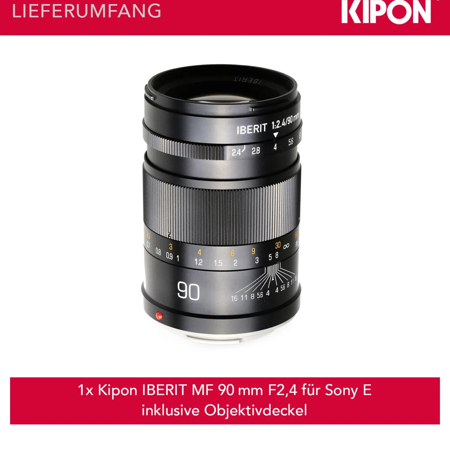 Kipon Iberit 90mm F2,4 Vollformat Objektiv – kompatibel mit Sony E – Fotoobjektiv mit Brennweite 90 mm, APS-C Sensoren, robustes Gehäuse