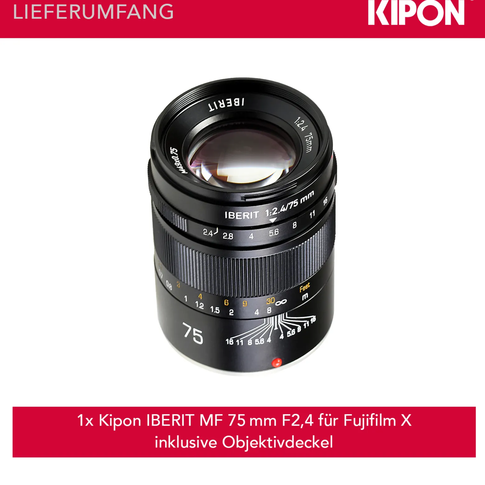 Kipon Iberit 75mm F2,4 Vollformat Objektiv – kompatibel mit Fuji X – Fotoobjektiv 75 mm Brennweite, APS-C Sensoren, robustes Gehäuse