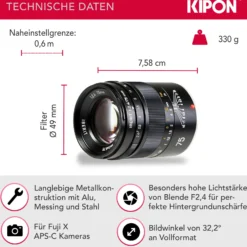 Kipon Iberit 75mm F2,4 Vollformat Objektiv – kompatibel mit Fuji X – Fotoobjektiv 75 mm Brennweite, APS-C Sensoren, robustes Gehäuse