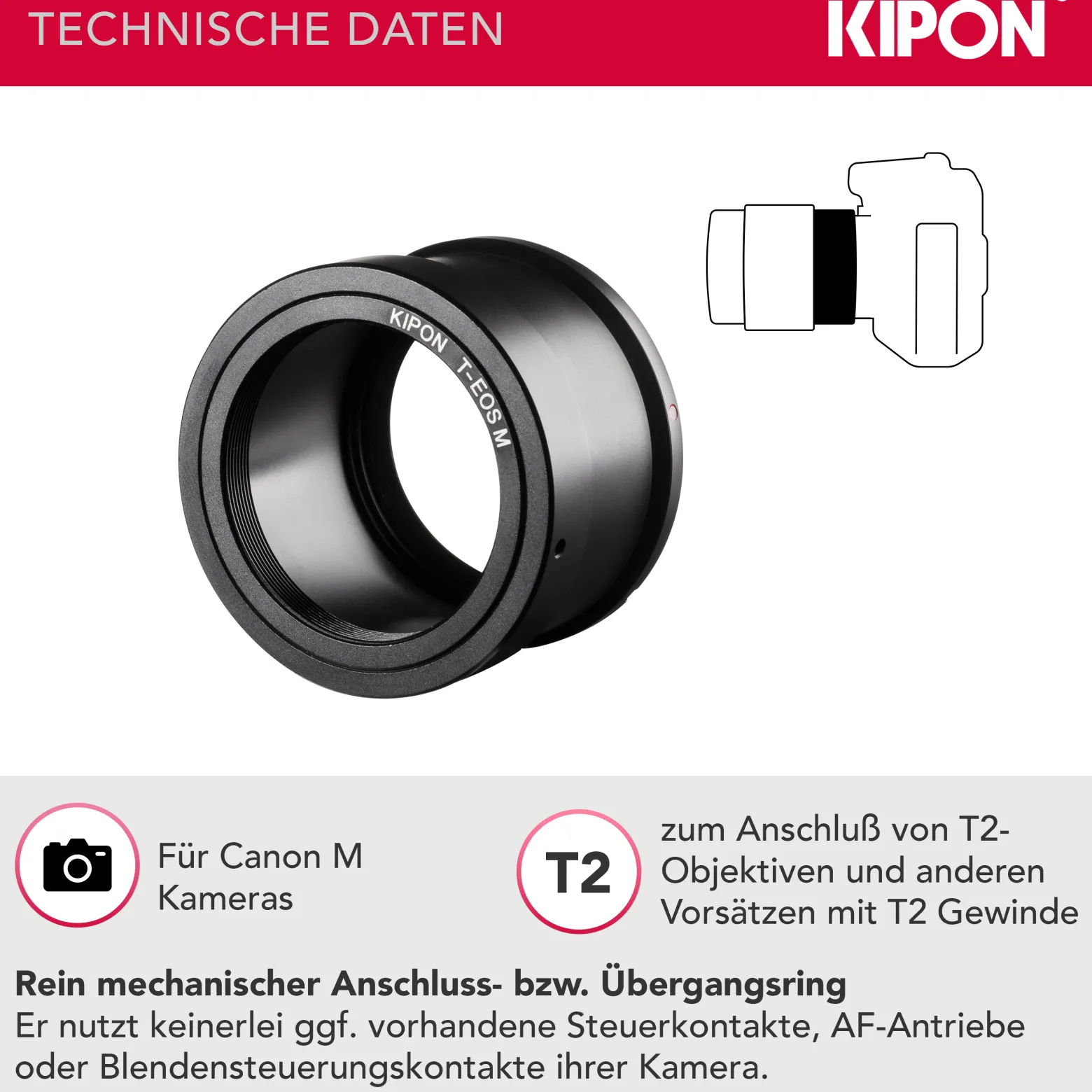 Kipon T2 Adapter für Canon EOS M Objektivadapter Anschlussring für Objektive, Teleskope und Mikroskope, Kamera Zubehör für Systemkamera