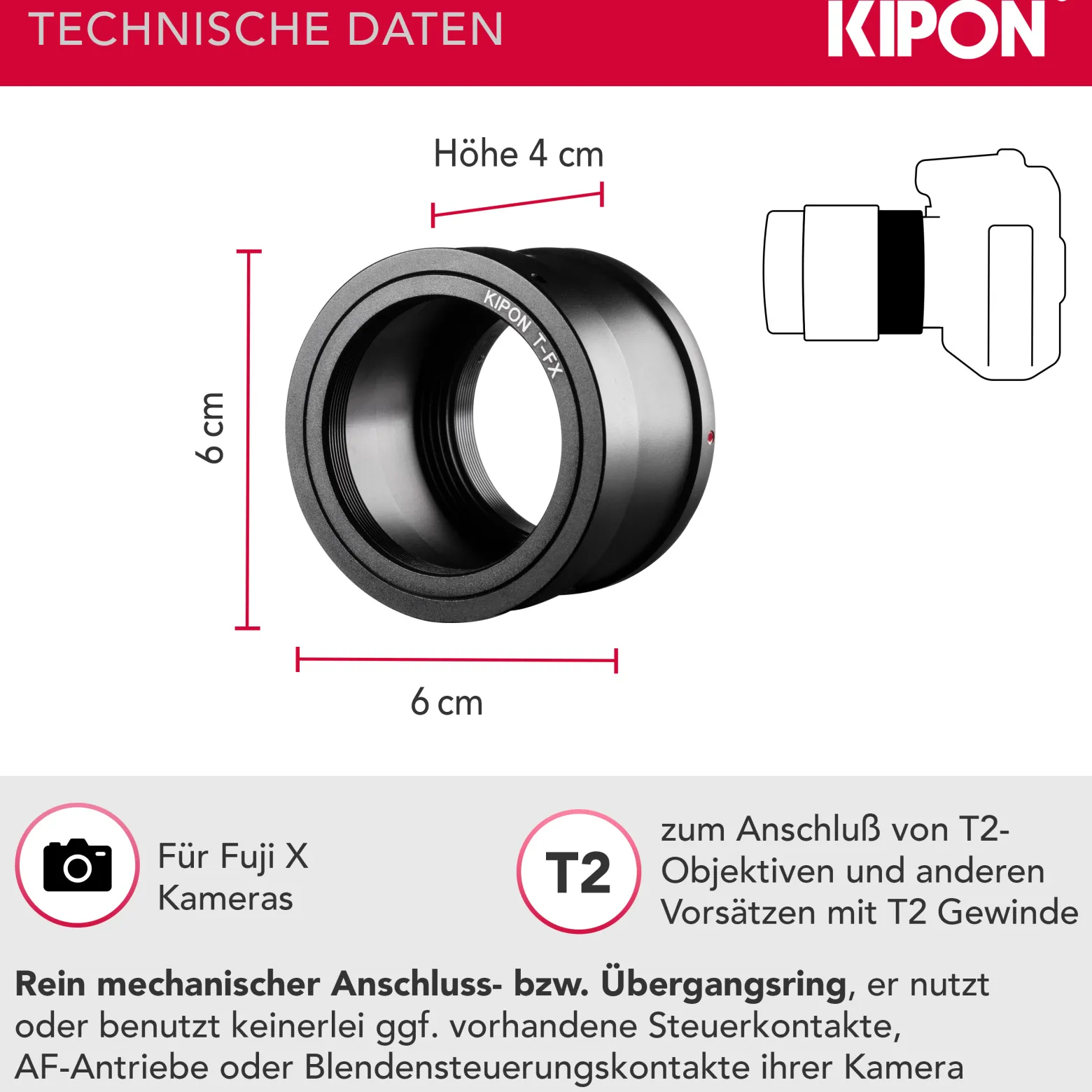 Kipon T2 Adapter für Fuji X Objektivadapter Anschlussring für Objektive, Teleskope und Mikroskope, Kamera Zubehör für Systemkamera