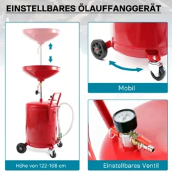 Ölauffanggerät für 80l, höhenverstellbar 122-168 cm mit 4-Rad-Fahrwerk, Entleerung mittels Luftdruck