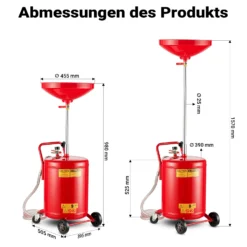 Ölauffanggerät für 68l, höhenverstellbar 98-157cm mit 4-Rad-Fahrwerk, Entleerung mittels Luftdruck