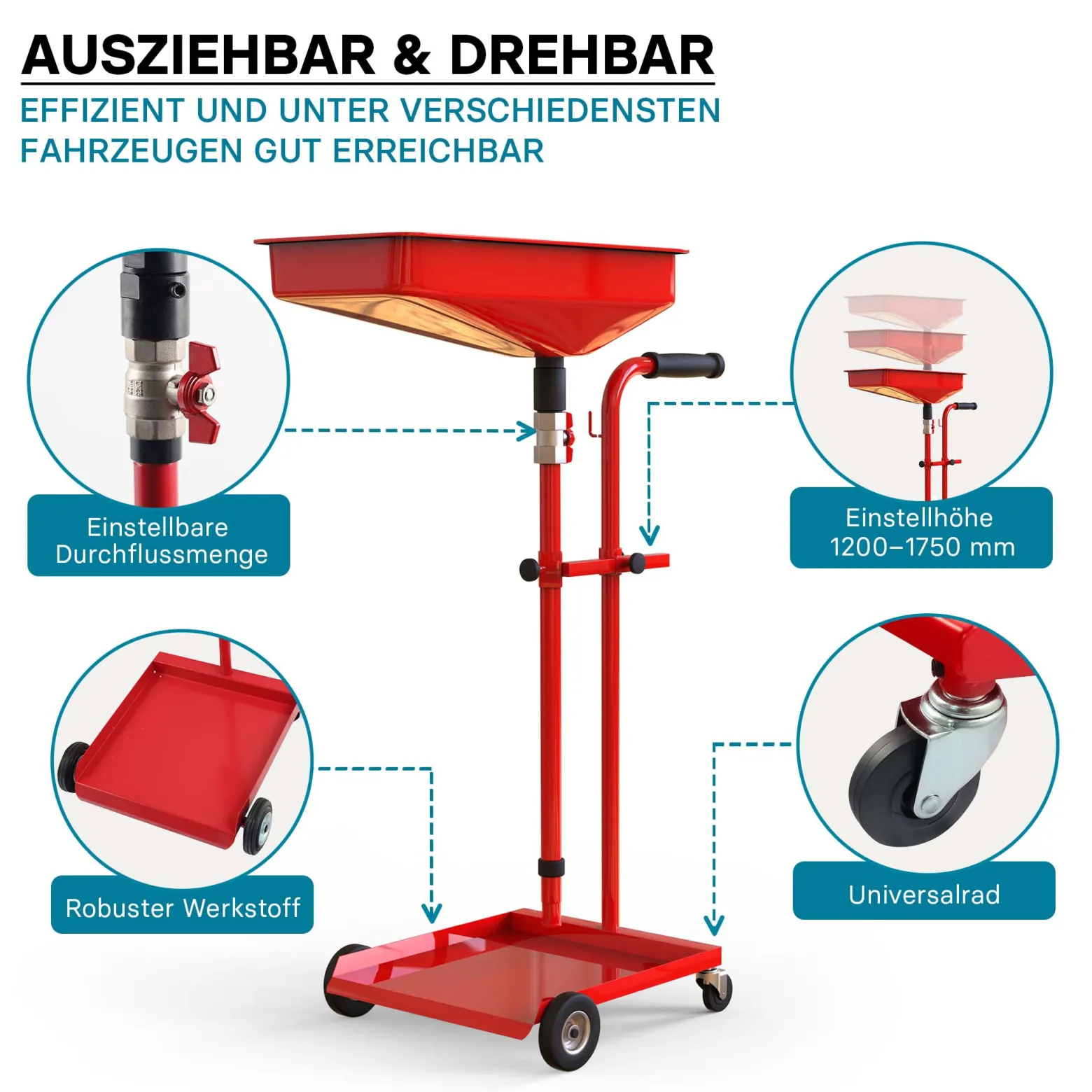 Ölauffangwagen 360° schwenkbar, Ölablassgerät, Ölauffanggerät, Ölsammler für Altöl, höhenverstellbar
