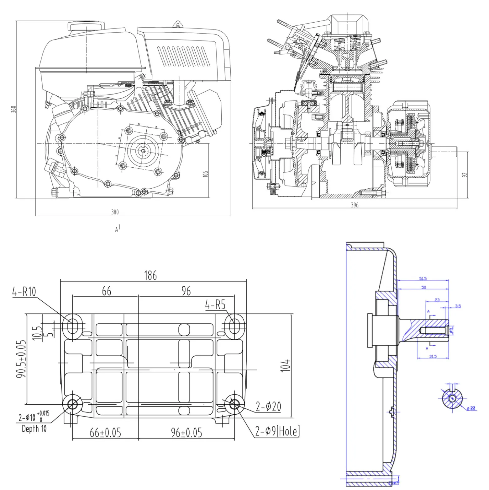 LIFAN 168 Benzinmotor 4,8 kW 6,5 PS 196 ccm mit Ölbadkupplung Reduktionsgetriebe 2:1 E-Starter