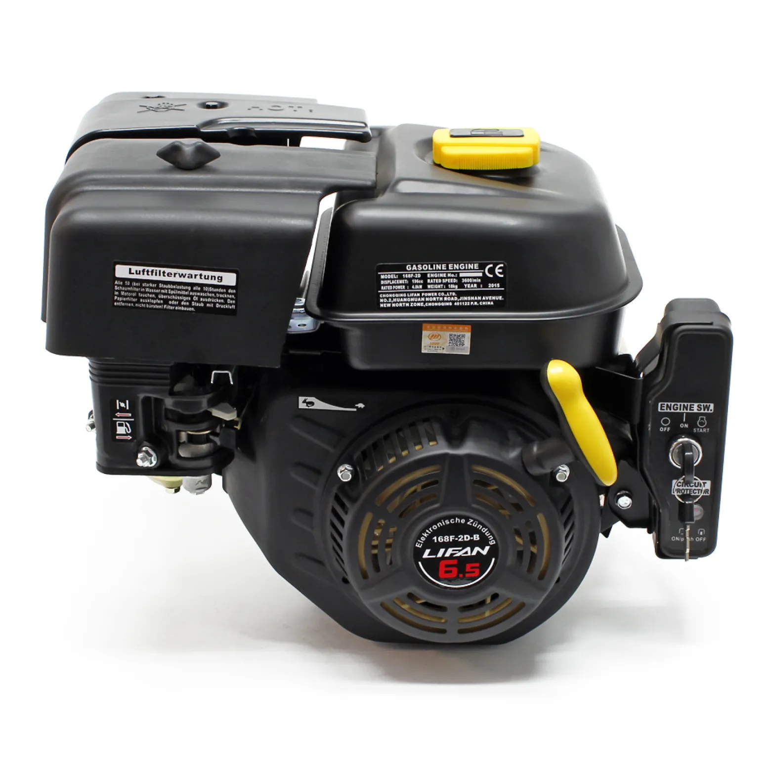 LIFAN 168 Einzylinder Benzinmotor mit 6,5 PS Leistung und 12V E-Start für Kleinmaschinen & Karts, luftgekühlter 4-Takt Motor mit 20 mm Kurbelwelle, OHV-Ventilsteuerung & 196 cc Hubraum