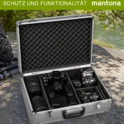 Mantona Alukoffer für Fotoausrüstung, abschließbarer Kamerakoffer mit 2 Schlüsseln, Fotokoffer für Kamera und Objektive, Schutzkoffer mit 5 anpassbaren Trennstegen und Schaumstoffpolsterung