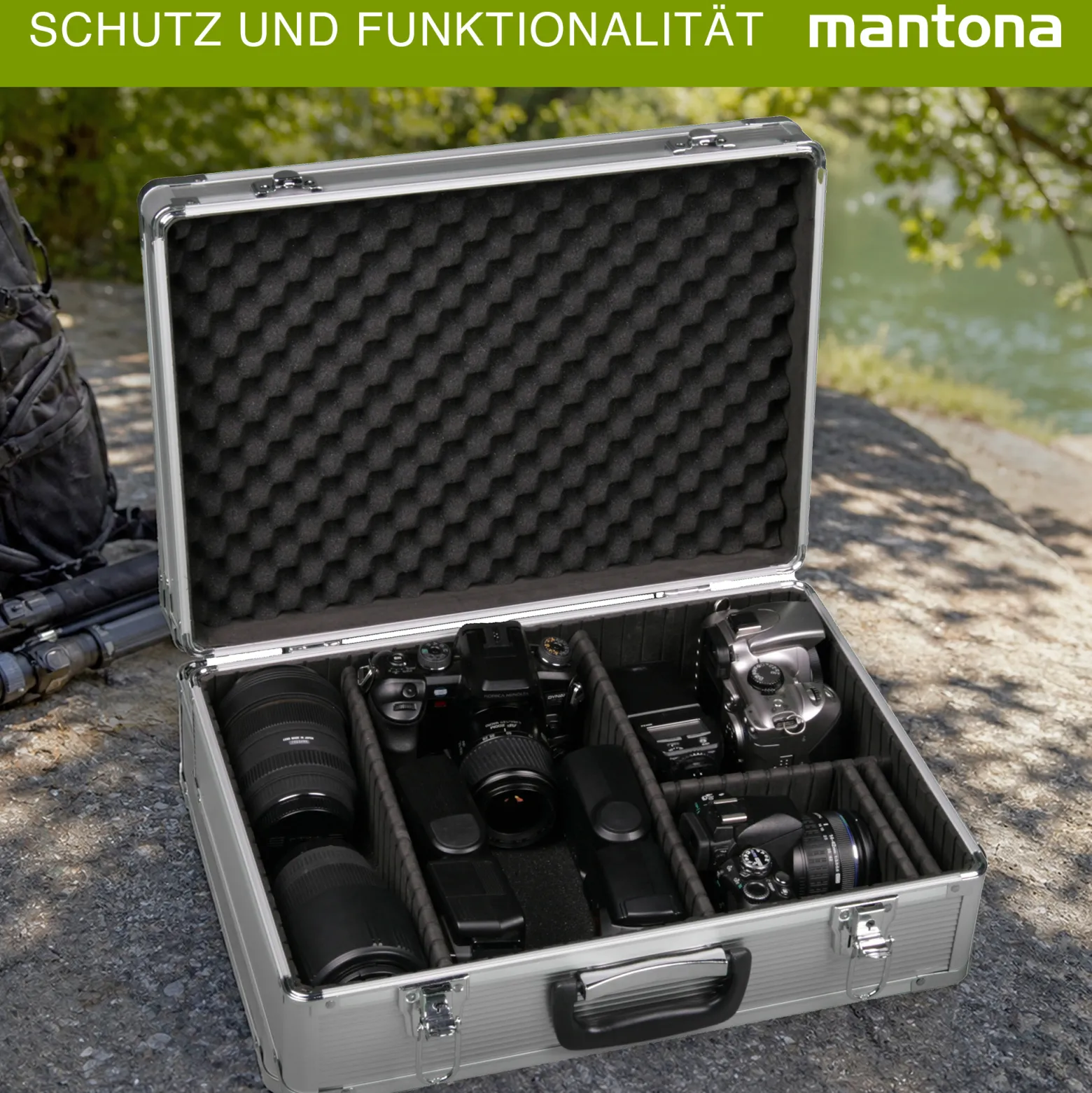 Mantona Alukoffer für Fotoausrüstung, abschließbarer Kamerakoffer mit 2 Schlüsseln, Fotokoffer für Kamera und Objektive, Schutzkoffer mit 5 anpassbaren Trennstegen und Schaumstoffpolsterung