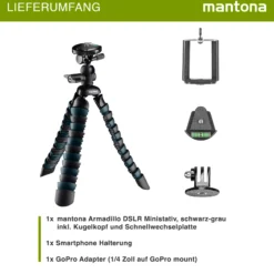 Mantona Armadillo 28 cm Mini Fotostativ, flexibles Pocket Stativ bis 3 kg Traglast, 360° Kugelkopf, kompatibel mit GoPro Hero, Insta360, DSLR-Kameras & Smartphones
