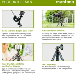 Mantona Armadillo 28 cm Mini Fotostativ, flexibles Pocket Stativ bis 3 kg Traglast, 360° Kugelkopf, kompatibel mit GoPro Hero, Insta360, DSLR-Kameras & Smartphones