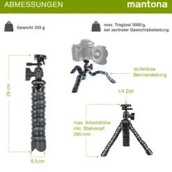 Mantona Armadillo 28 cm Mini Fotostativ, flexibles Pocket Stativ bis 3 kg Traglast, 360° Kugelkopf, kompatibel mit GoPro Hero, Insta360, DSLR-Kameras & Smartphones
