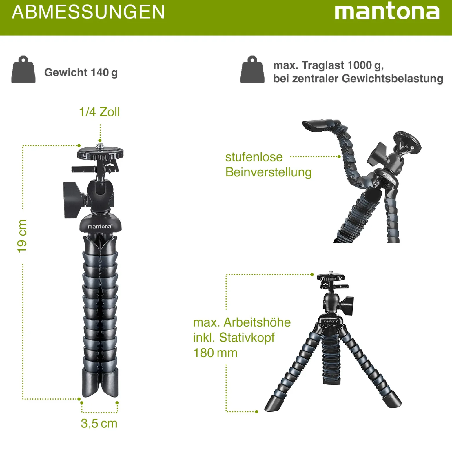 Mantona Armadillo Mini - 190 x 35 x 35 mm - Höhe 8-18 cm - Traglast 1kg - schwarz/grau - Reisestativ Travelstativ passend für Kameras
