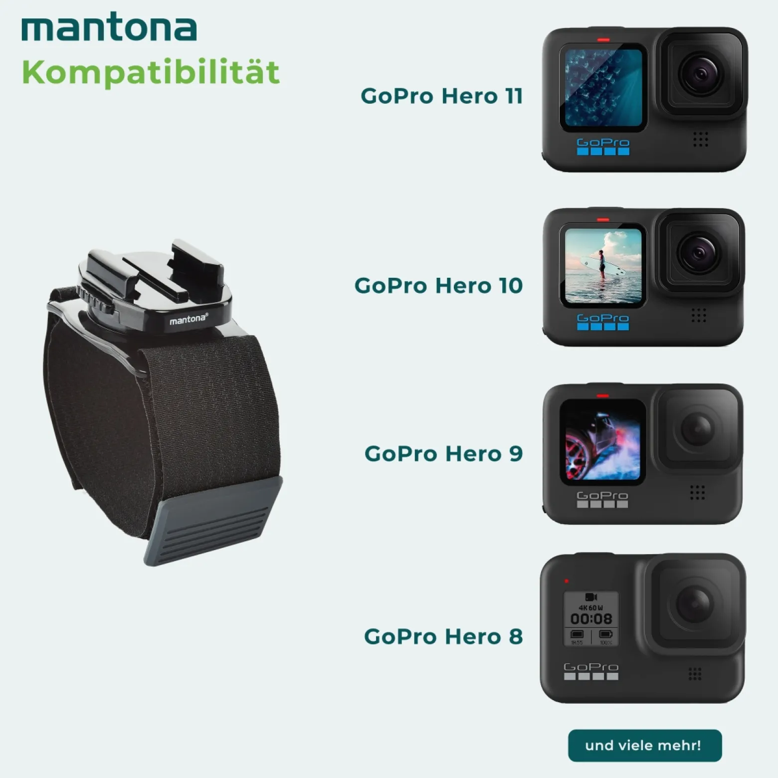Mantona Armgurt mit 360 Grad drehbarem Schnellspann Halter (kompatibel mit GoPro Hero 11 10 9 8 7 6 5 4 3+, Session und andere kompatible Action Cams, sicherer Halt für Ihre Actioncam) schwarz