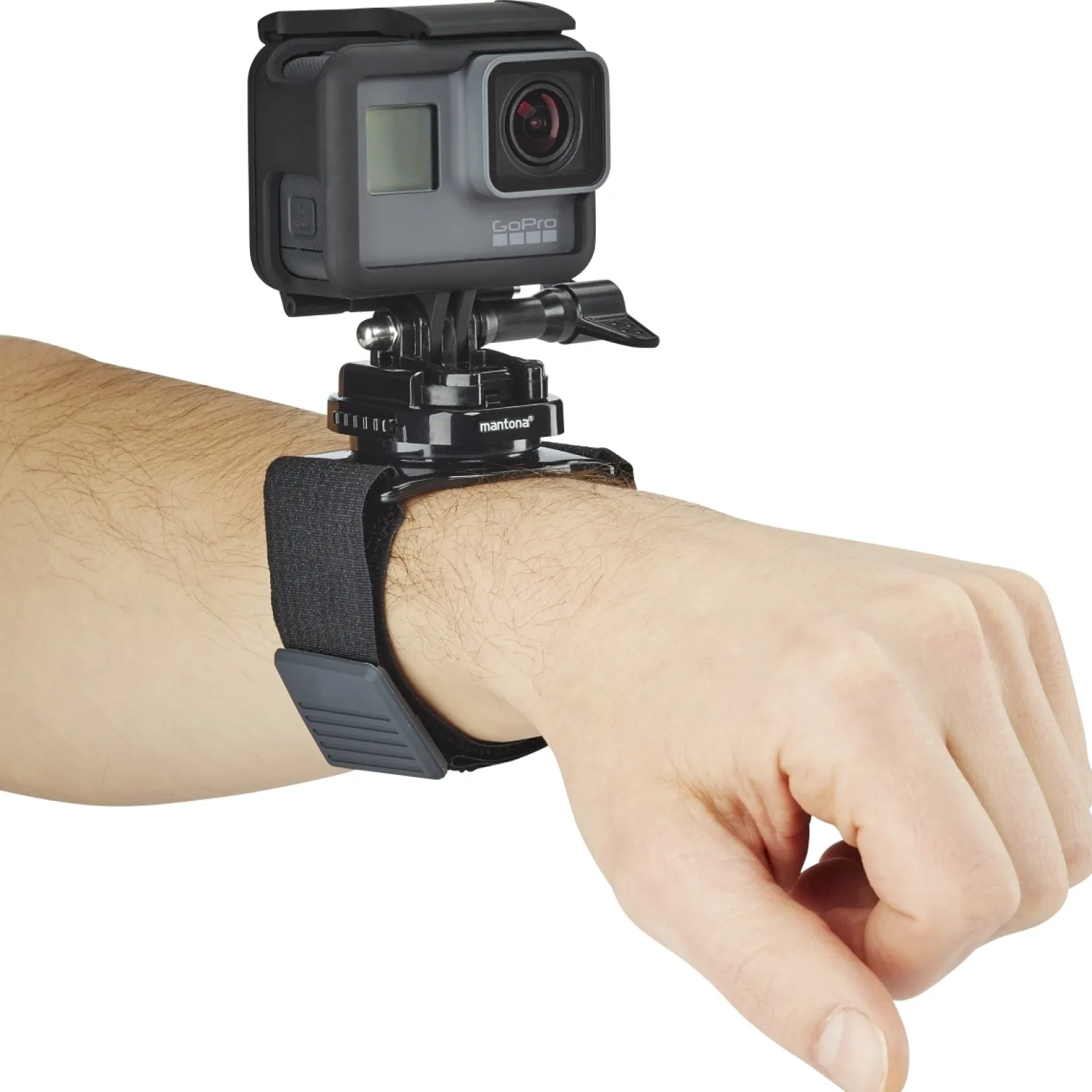 Mantona Armgurt mit 360 Grad drehbarem Schnellspann Halter (kompatibel mit GoPro Hero 11 10 9 8 7 6 5 4 3+, Session und andere kompatible Action Cams, sicherer Halt für Ihre Actioncam) schwarz