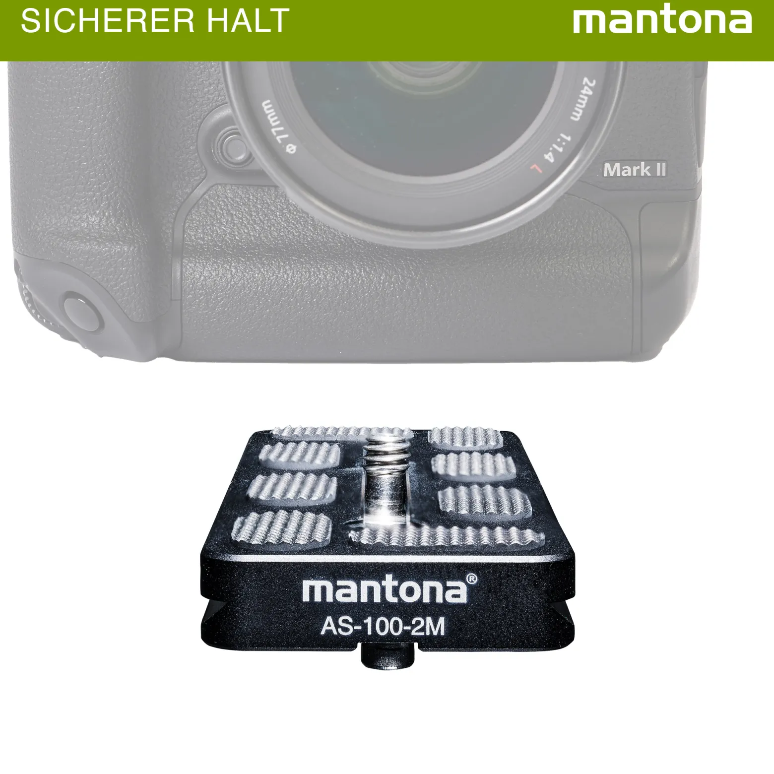 Mantona AS-100-2M Schnellwechselplatte Arca-Swiss kompatibel 100 x 38 mm Aluminium mit 1/4" und 3/8" Schrauben, Gummipuffern und Mittenmarkierung
