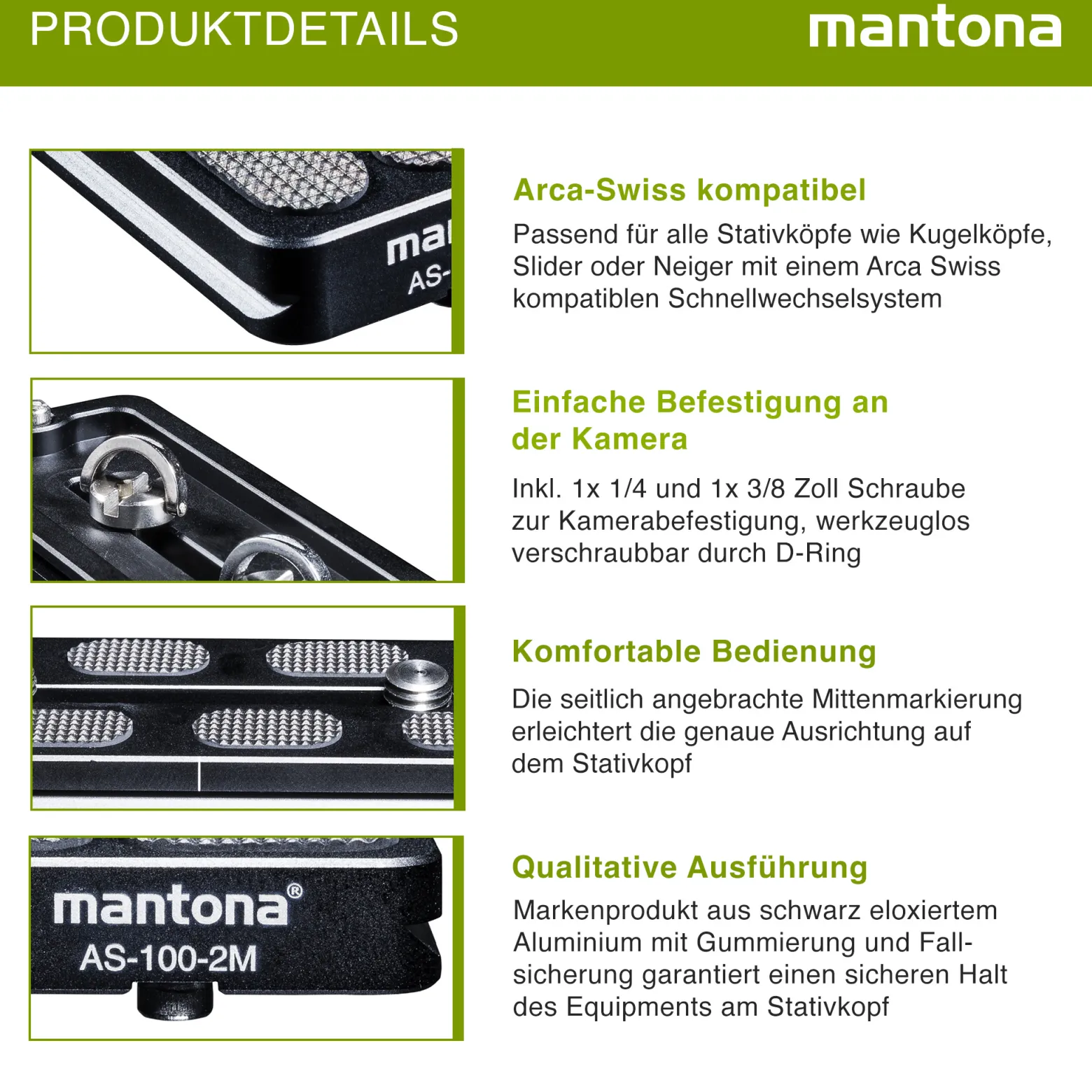 Mantona AS-100-2M Schnellwechselplatte Arca-Swiss kompatibel 100 x 38 mm Aluminium mit 1/4" und 3/8" Schrauben, Gummipuffern und Mittenmarkierung